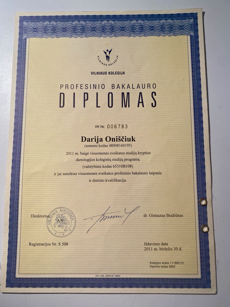 Professional Bachelor Diploma — Darija Oniščiuk, Vilniaus Kolegija, 2011