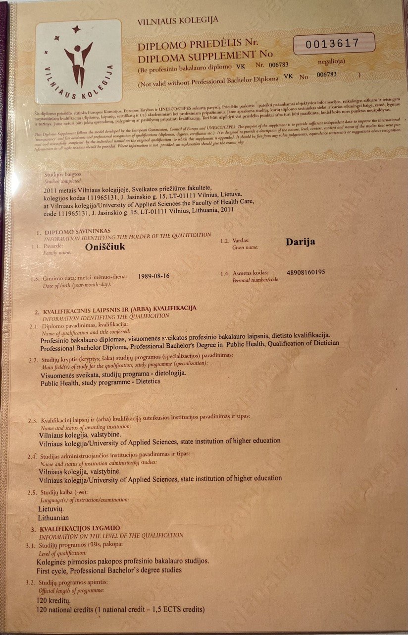 Diploma Supplement — Public Health, Dietetics, Vilniaus Kolegija
